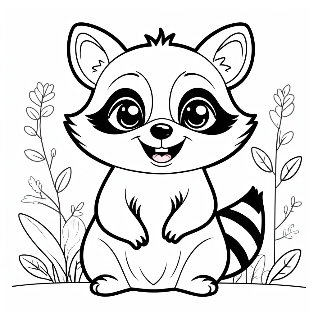 Prompt: black and white, (coloring book), kawaii racoon, smiling, cheerful expression, simple line art, adorable features, solid white background, playful design, engaging for coloring, large eyes, fluffy fur texture, whimsical style, clear outlines, family-friendly illustration, joyful ambiance, minimalistic yet charming