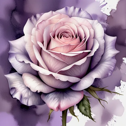 Prompt: watercolor Lavender   rose, (single bloom), breathtaking floral details, vibrant and soft tones, elegant petals, serene atmosphere, high contrast, smooth brush strokes, painting-like texture, beautifully blended hues, a touch of light from above, (PNG background), ultra-detailed, inviting warmth.