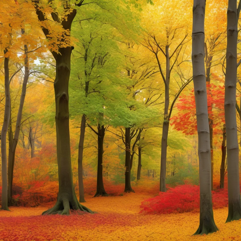 Prompt: Very leafy forest trees with yellow and red and orange and green leaves in autumn theme