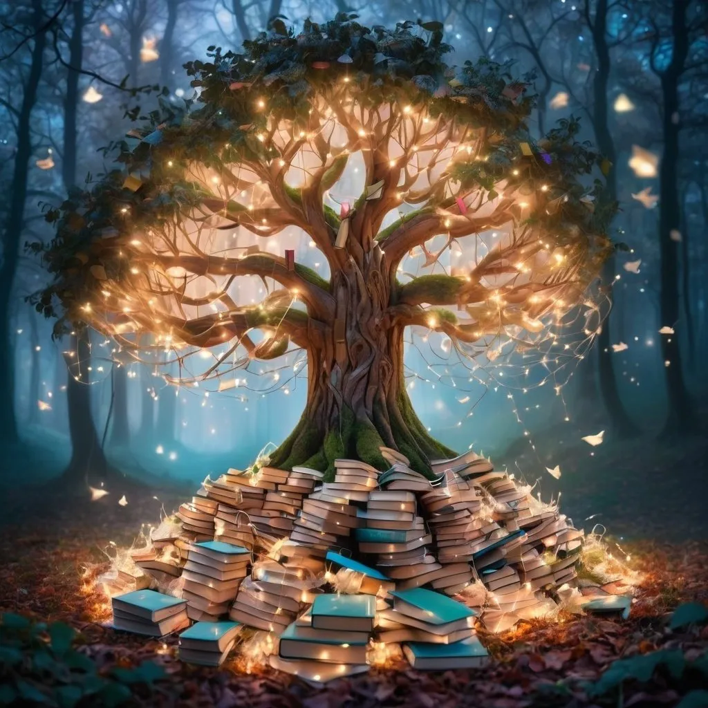 Prompt: A tree made of books with falling fairy lights in a magical forest with dryads reading