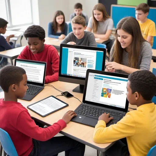 Prompt: Generate an image depicting students engaged in activities that develop their digital skills, such as using computers, tablets, or other electronic devices for learning purposes. Show them collaborating on projects, coding, researching online, or participating in digital workshops. The image should convey the idea of students actively learning and improving their digital competencies.
