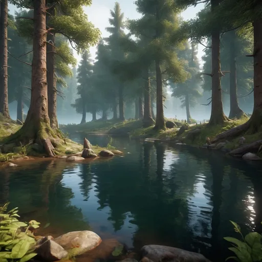 Prompt: a mysterious forest next to a lake, high quality, unreal engine