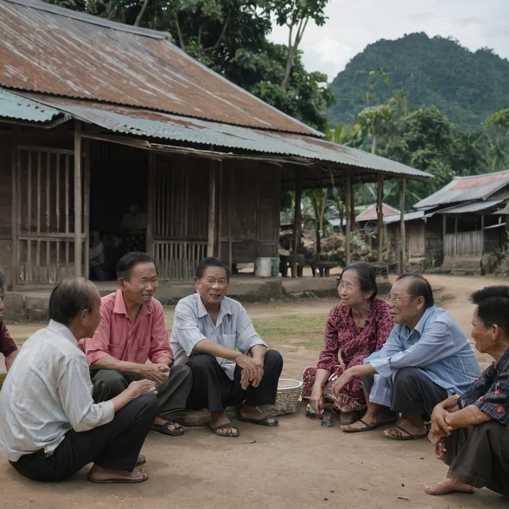 Prompt: A group of people sitting and talking in rural Southeast Asian village
