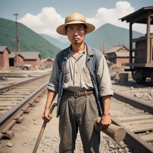 Prompt: A hardworking Chinese railroad worker, wearing a straw hat, loose trousers, and a simple shirt. He has a lean build and determined expression, holding a sledgehammer. The background shows a construction site with railroad tracks and mountains.