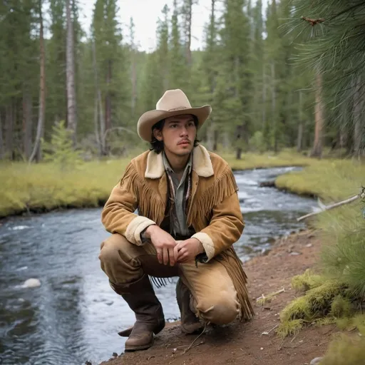 Prompt: A keen-eyed cowboy tracker in a dense forest, wearing a fringed buckskin jacket, moccasins, and a coonskin hat. He kneels beside a stream, studying tracks on the ground, with tall pine trees and wildlife in the background.