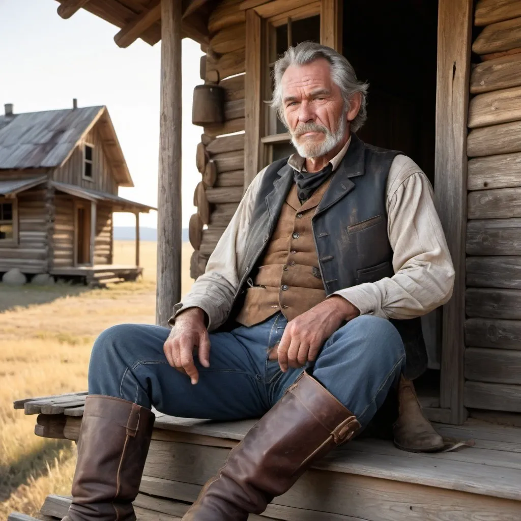 Prompt: An older, retired gunfighter with graying hair and a rugged face, sitting on the porch of a small cabin. He wears a tattered vest, boots, and a revolver in a holster. The background includes a quiet homestead with a setting sun.