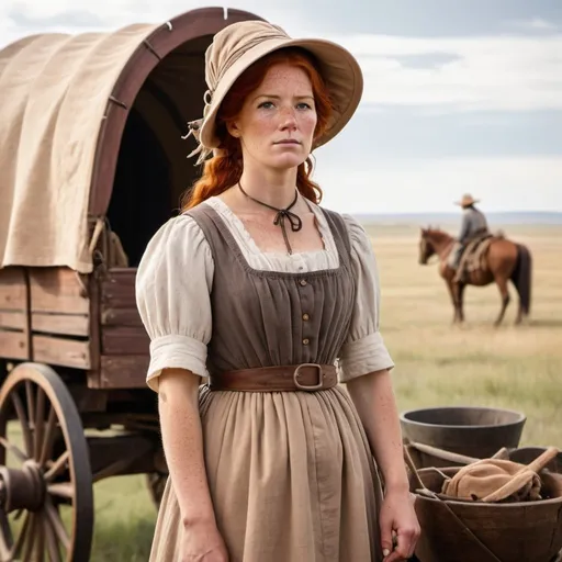 Prompt: A resilient pioneer woman standing in front of a covered wagon, dressed in a simple bonnet, long dress, and apron. She has freckles, red hair, and a determined look. The background features the vast prairie with the wagon train in the distance.