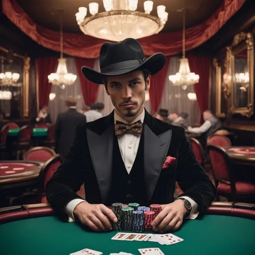 Prompt: A stylish cowboy gambler in an opulent saloon, dressed in a tailored suit, bow tie, and a black hat. He stands at a poker table with cards in hand, surrounded by velvet curtains, chandeliers, and other gamblers