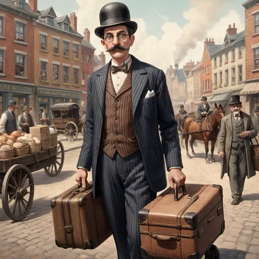Prompt: A charismatic traveling salesman standing beside his wagon filled with various goods, wearing a striped suit, bowler hat, and carrying a suitcase. He has a well-groomed mustache and glasses. The background features a bustling town square with townsfolk milling around.