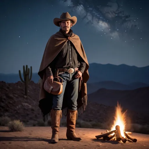 Prompt: A rugged cowboy pistolero in a moonlit desert, wearing a dark poncho, leather chaps, and a wide-brimmed hat. He stands beside a campfire with a saddle and saddlebag nearby, mountains silhouetted against the starry sky.