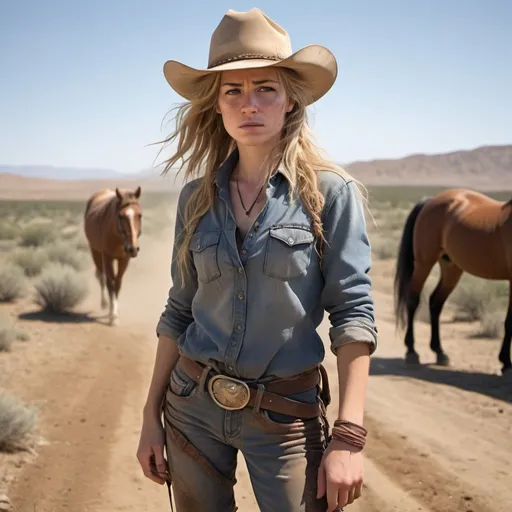 Prompt: A dusty cowgirl drifter with sunburned skin and tangled, dirty blonde hair, wearing a frayed hat, patched jeans, and a sweat-stained shirt. Her face is streaked with dirt, and she has a determined expression. She stands beside a tired horse on a dusty trail, with a vast desert stretching out behind her.