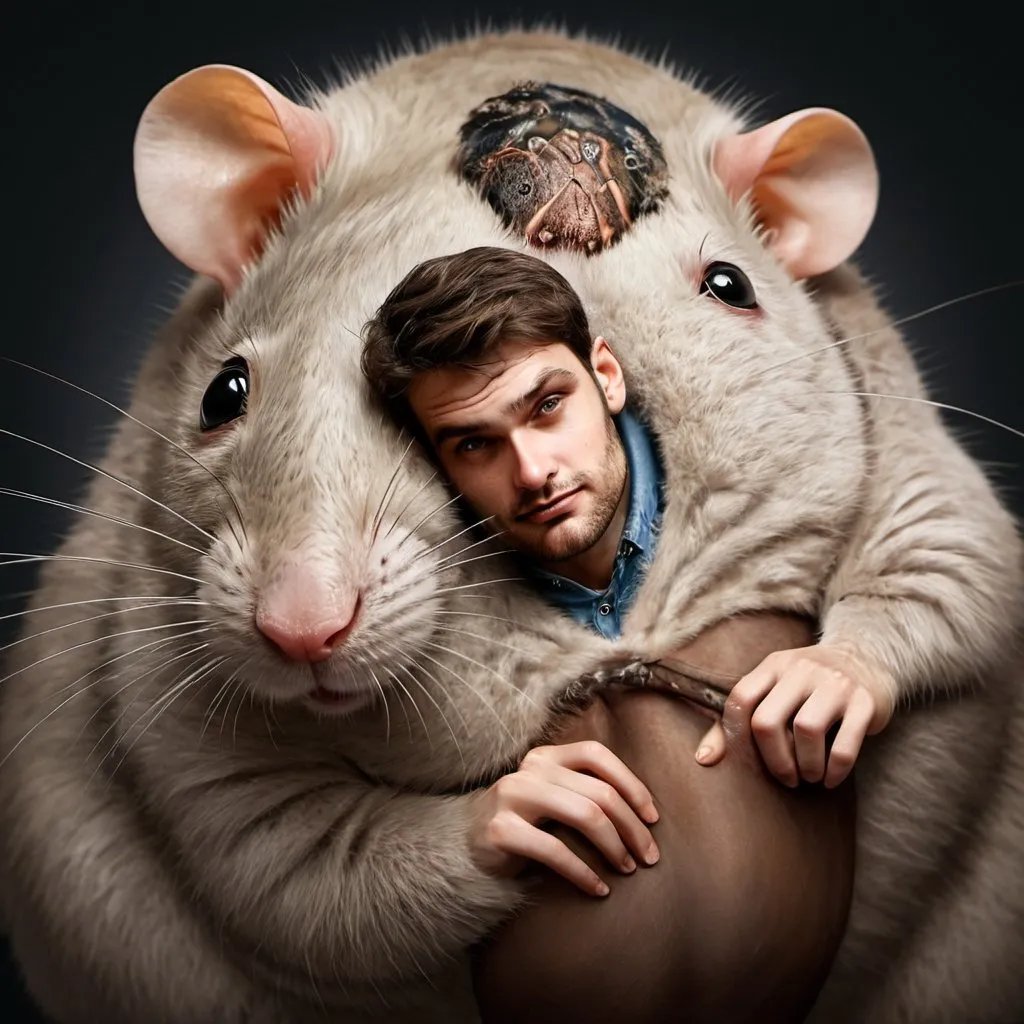 Prompt: Hyper-realistic digital illustration of a man's face on a rat's body, detailed facial features, realistic fur texture, high definition, hyper-realistic, digital art, surreal, detailed eyes, realistic proportions, lifelike lighting, semi-realistic color tones, unique concept