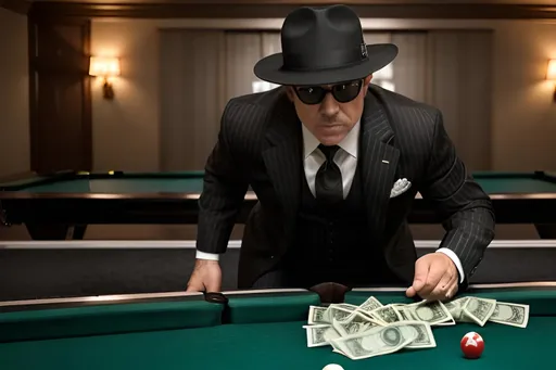 Prompt: A gangster in a room with pool tables.  he has  a  black fedora.  He is wearing a pinstripe suit.  he is holding a wad of cash and pool cue
