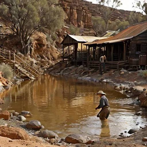 Prompt: a gold mining settlement in the 1800s with men panning for gold in a creek bed in the australian outback, orange, ocre, brownish tone photo