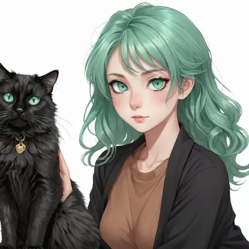 Prompt: Anime of a long hair black siamese Manx mix cat with mint green eyes