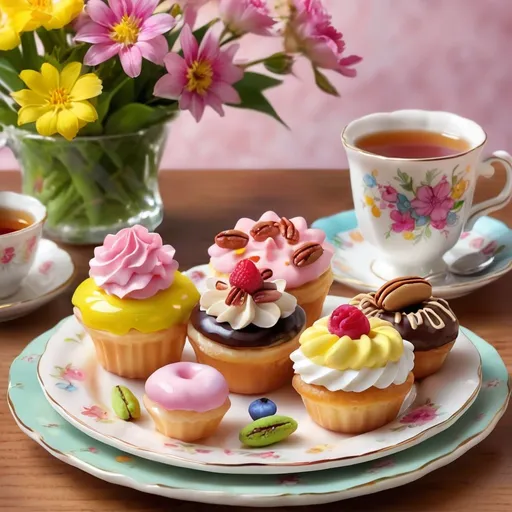 Prompt:  a colorful anime of a plate of tiny desserts.  A mini eclair, a mini donut, a mini pecan pie, and a mini cupcake, and a mini milleflores.  Add a tea cup and saucer to show how small the desserts are in comparison
