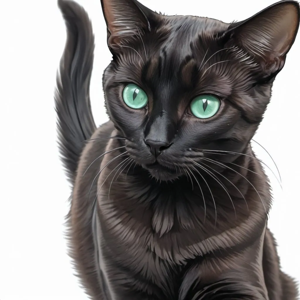 anime of a siamese manx black cat with mint green eyes
