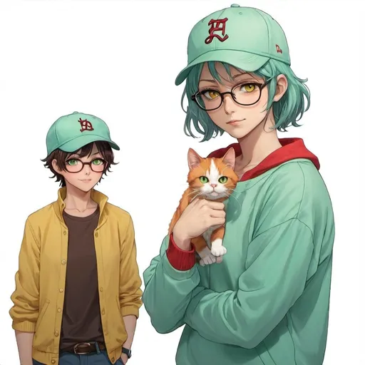 Prompt: anime of woman with light blue chin-length hair, mint green eyes, and red cat's eyeglasses who is pointing at a handsome man with dark brown hair and dark brown eyes wearing a yellow baseball hat.