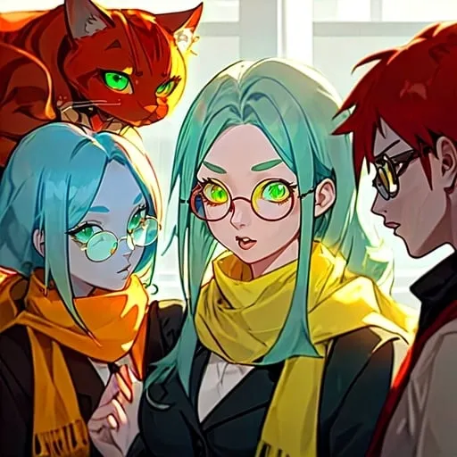 Prompt: a woman with chin-length light blue hair, mint green eyes, red cat's eye glasses, and a yellow scarf is engaged in an animated discussion with a multiracial group of students.