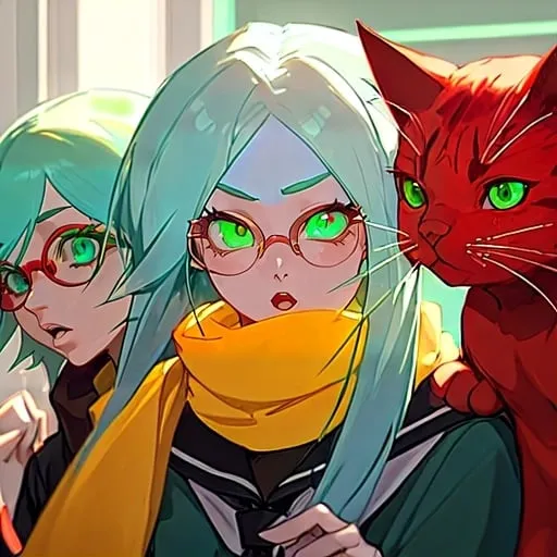 Prompt: a woman with chin-length light blue hair, mint green eyes, red cat's eye glasses, and a yellow scarf is engaged in an animated discussion with a multiracial group of students.