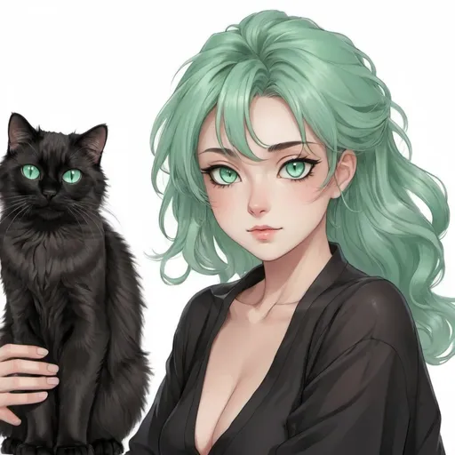 Prompt: Anime of a long hair black siamese Manx mix cat with mint green eyes