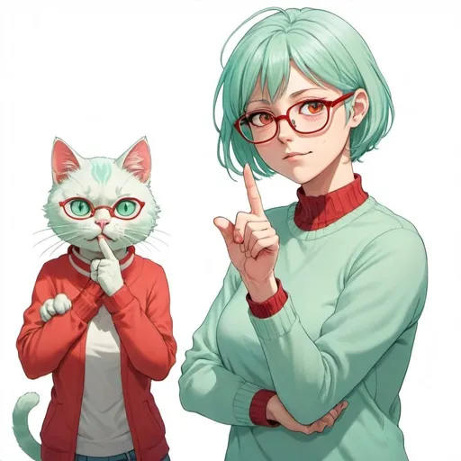 Prompt: anime of one woman with light blue chin-length hair, mint green eyes, and red cat's eyeglasses who is pointing at at her own heart with her pointer finger.  She is saying "I".