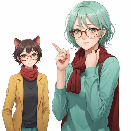 Prompt: anime of woman with light blue chin-length hair, mint green eyes, and red cat's eyeglasses is pointing at a handsome with dark brown hair and dark brown eyes who is wearing a yellow scarf.