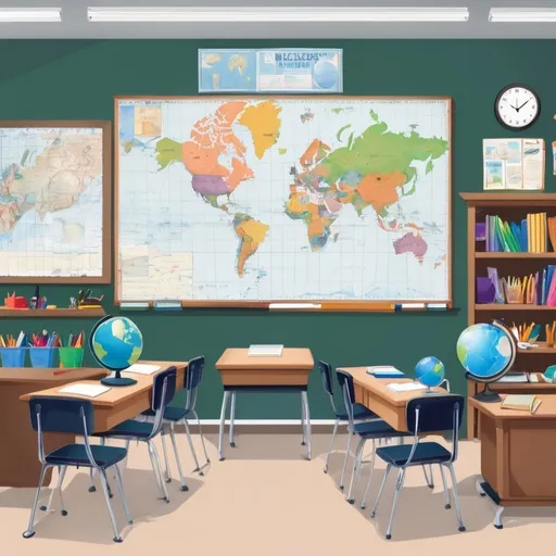 Prompt: A classroom with a blackboard, bulletin board, desks with chairs, posters, stapler, pencil sharpener, books, bookshelves, a globe, and map of the world, markers, notebooks, pens, scissors, tape, glue, and a ruler.