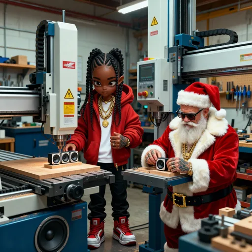 Prompt: I need a photo with @Santa and @Lanika Working on a CNC Machines that builds little speakers 
