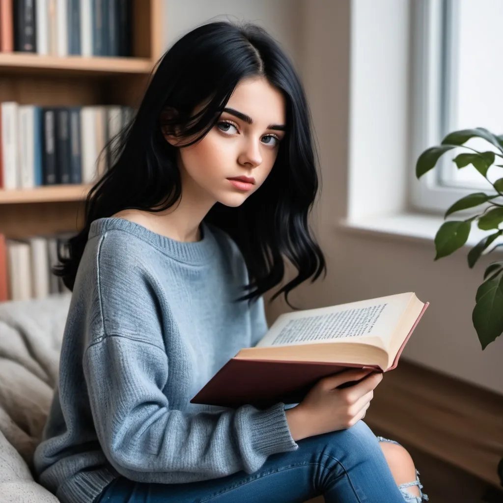 Prompt: fille au cheveau noir
en jeans pull
avec un livre
