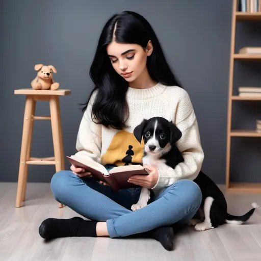 Prompt: fille au cheveau noir
en jeans pull
avec un livre
une chiot 
