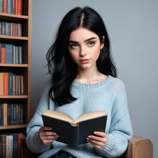 Prompt: fille au cheveau noir
en jeans pull
avec un livre
