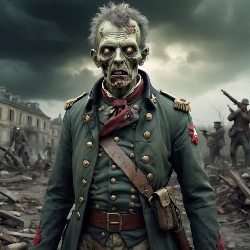 Prompt: Een zombie in een kostuum van een generaal uit de Franse revolutie 
