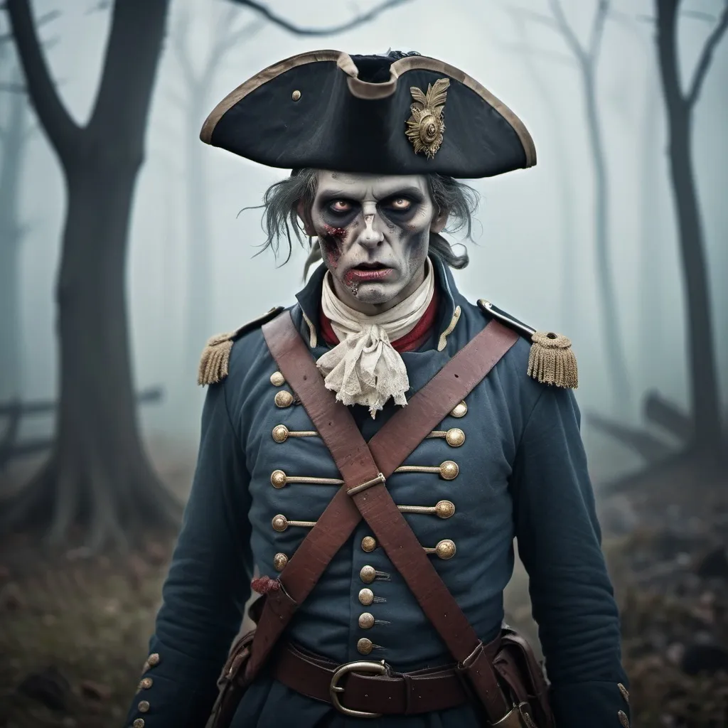 Prompt: A zombie in a costume of a general from the French Revolution 