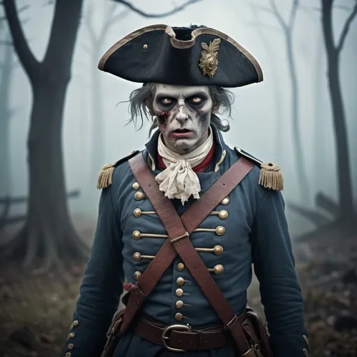 Prompt: A zombie in a costume of a general from the French Revolution 