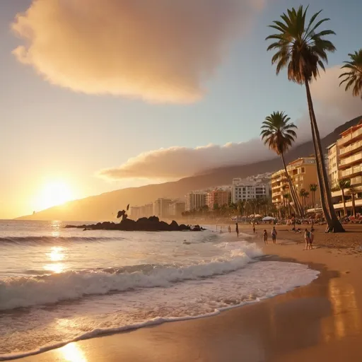 Prompt: (10-second video), scene depicting a beautiful (Tenerife beach) with golden sands and azure waters, vibrant skies during sunset, paid themes of (excitement and joy), showcasing (smiling tourists) basking in the warmth, palm trees swaying gently, capturing magical moments waist deep in the ocean and frolicking on the shore, overall (warm color tones) creating a cheerful ambiance in (ultra-detailed) quality.