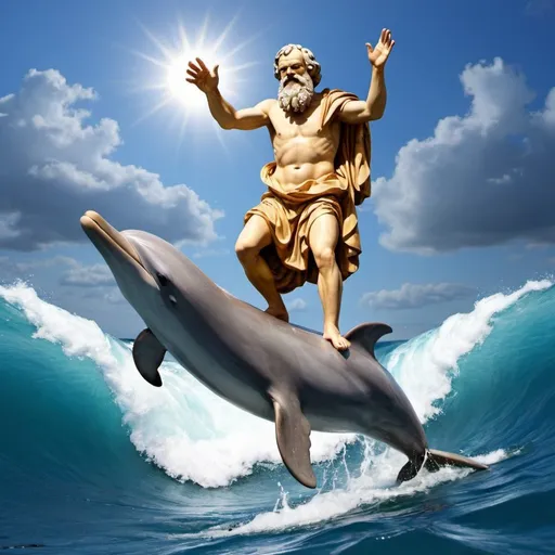 Prompt: Socrates surfing on top of a dolphin