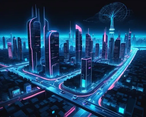 Prompt: A future city with glow blue neon with growing tree in the crowds with high building like cyber punk style with modern fly transportation, glowed neon on highway traffic. View from above, midnight sky.