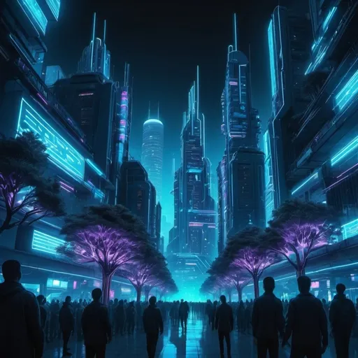 Prompt: A future city with glow blue neon with growing tree in the crowds with high building like cyber punk style.