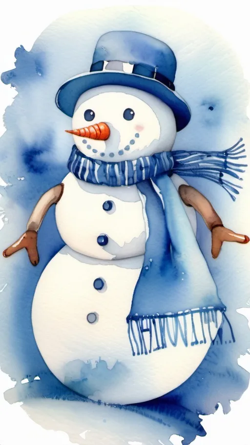 Prompt: Watercolor, snowman with blue hat and scarf, no background, "Happy Holidays" written in blue at the top