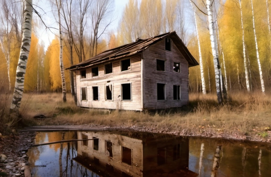 Prompt: Abandoned wooden building in woods, near a river, diffuse light, birch trees, fall