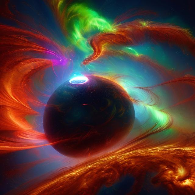 Prompt: Illustration of a thrilling solar storm, dramatic solar flares, intense magnetic fields, dynamic energy movement, high-res digital painting, vivid colors, sci-fi, futuristic, detailed solar flares, swirling magnetic fields, captivating visualization, intense atmosphere, high-quality, immersive, ebook cover, digital art, dynamic energy, futuristic, intense coloration, dramatic lighting