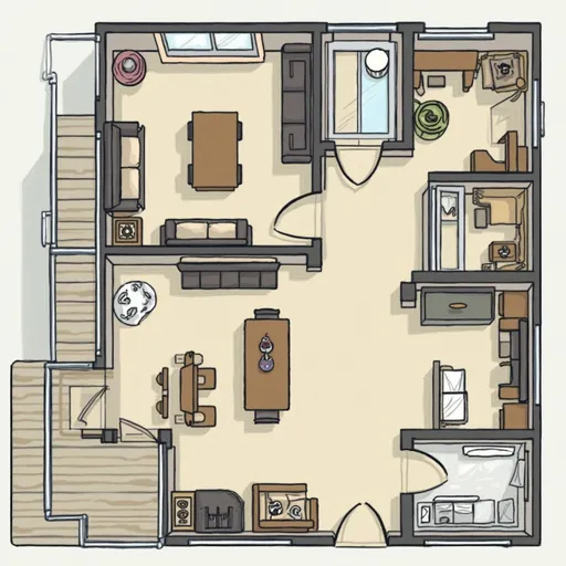 Prompt: We have overall area of 15' by 30'
1. Combined Living & Dining Area: 
   - Dimension: 12' x 15'
   - This area can now include a larger dining table, a sofa, and entertainment unit. 

2. Kitchen Area: 
   - Dimension: 15' x 10'
   - With the extra space, you can have a larger kitchen counter, more cabinets, and potentially a small island. 

3. Sleeping Area: 
   - Dimension: 10' x 10'

4. Bathroom Area: 
   - Dimension: 5' x 10'

5. Balcony: 
   - Dimension: 5' x 15'
6. passage