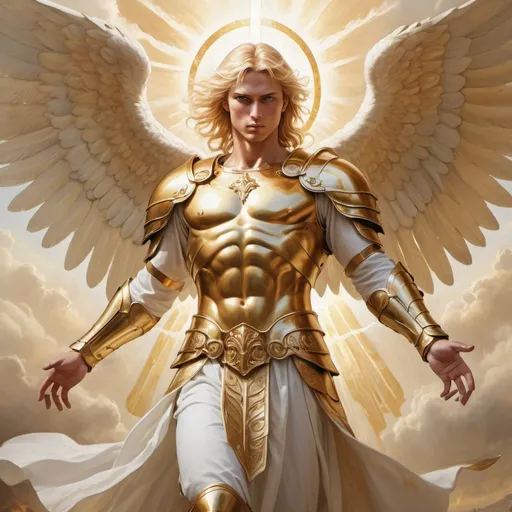 Prompt: Archangel Michael in golden armor, wings outstretched, hovering over battlefield, white tunic, tanned skin, blonde hair, highres, detailed angelic wings, divine lighting, epic fantasy, godly presence, golden tones, ancient battle, heroic stance, powerful aura, celestial being, radiant aura, intense gaze, oil painting style