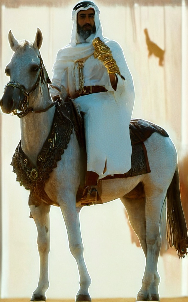 Prompt: Gold cast  of a man in a white outfit riding a striking horse with a horse harness on it's back and a horse with a man in a white outfit on it, Chafik Charobim, hurufiyya, film still, a detailed matte painting. Man holding an arabic falcon.