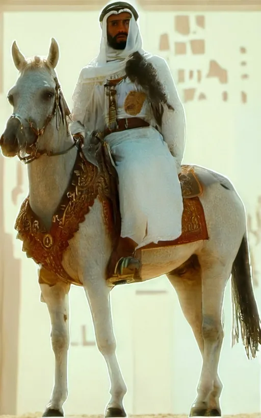 Prompt: Gold cast  of a man in a white outfit riding a striking horse with a horse harness on it's back and a horse with a man in a white outfit on it, Chafik Charobim, hurufiyya, film still, a detailed matte painting. Man holding an arabic falcon.