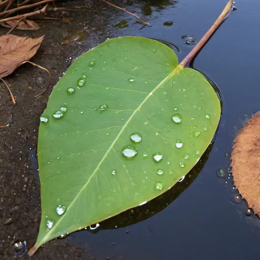 Prompt: hoja  con gota de agua  grande en primer plano, gota brilla arcoiris y reflecta entorno, fondo de musgo desenfocado.
 con lagartija común apoyada en rama que hacia la gota.
 máxima resolución y mayor tamaño posible estilo realista con zoom de lente detallados en primer plano 