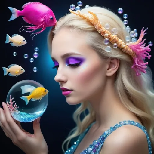Prompt: Young lady profile with soft fuchsia frost artistic makeup. With diamonds on her face, long blonde hair. 
with hair decorated with shells, yellow fish, purple jellyfish and white coral. 
with glass sphere in hand. 
Dark to light blue background with sparkles in the water, with bubbles.
Realistic model. cold lighting