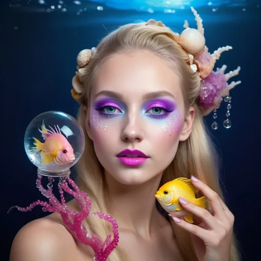 Prompt: Young lady profile with soft fuchsia frost artistic makeup. With diamonds on her face, long blonde hair. 
with hair decorated with shells, yellow fish, purple jellyfish and white coral. 
with glass sphere in hand. 
Dark to light blue background with sparkles in the water, with bubbles.
Realistic model. cold lighting