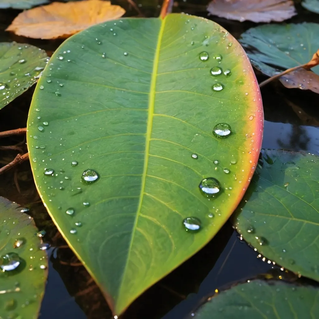 Prompt: hoja  con gota de agua  grande en primer plano, gota brilla arcoiris y reflecta entorno, fondo de musgo desenfocado.
 con lagartija común apoyada en rama que hacia la gota.
 máxima resolución y mayor tamaño posible estilo realista con zoom de lente detallados en primer plano 